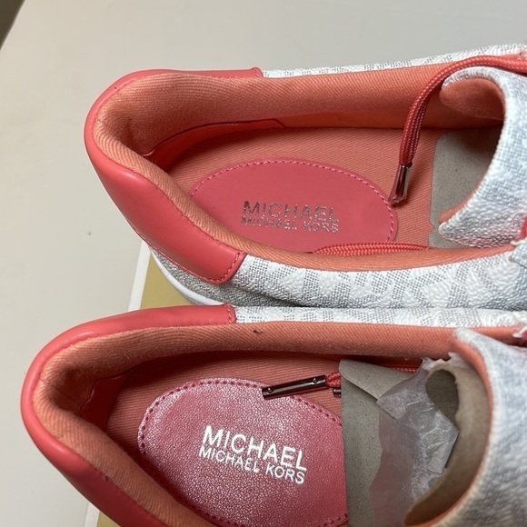 Michael Kors Poppy stripe lace up sneaker shoes bright white grapefruit color - Picture 9 of 14